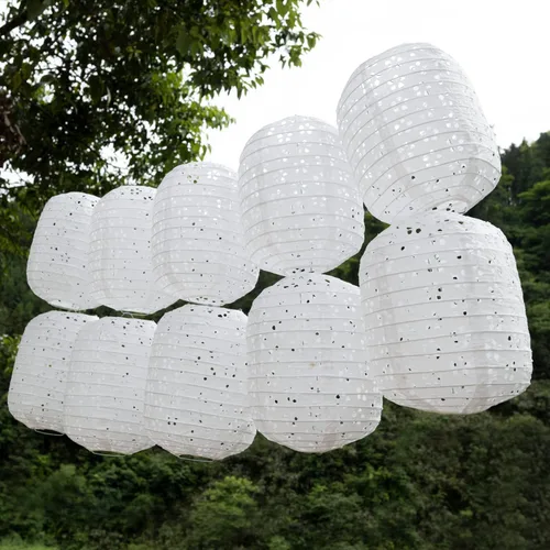 Vista 2 de 10 linternas de papel blanco chinas, japonesas, decorativas, para colgar, 6.3 pulgadas, linternas huecas ovaladas para San Valentín, aniversario