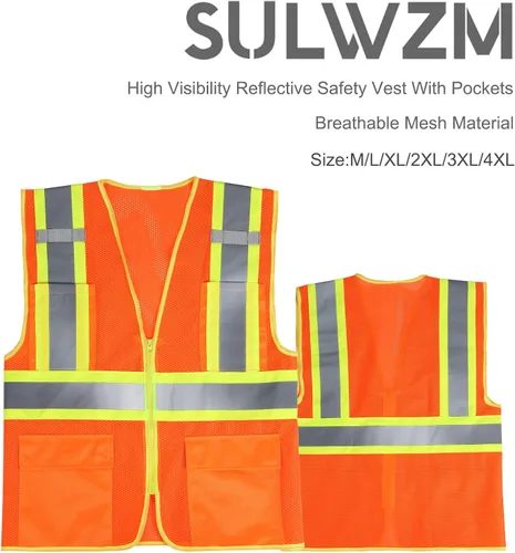 Vista 2 de Chaleco de seguridad reflectante de alta visibilidad con cremallera y bolsillos O/Y, Naranja, Pequeña