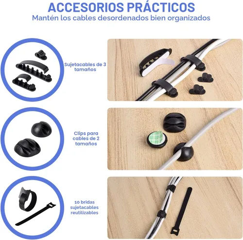 Vista 4 de Caja organizadora de cables, juego de tres, cubierta de alimentación, soporte de cables, protector contra sobretensiones para escritorio (negro)