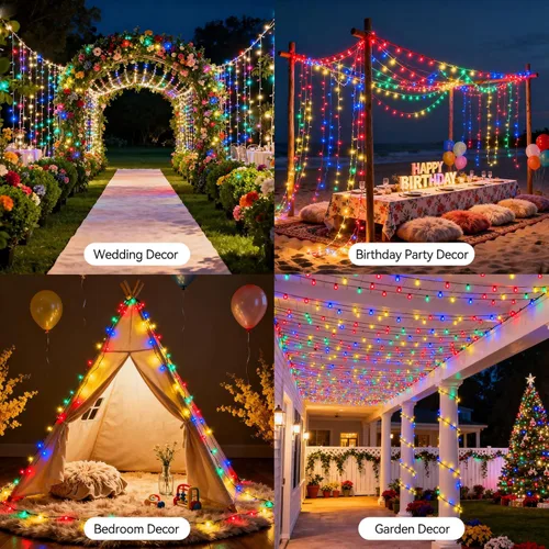 Vista 4 de Luces de Navidad que cambian de color para exteriores, 66 pies, 200 luces LED de 34 colores con control remoto, multicolor, enchufable, luz