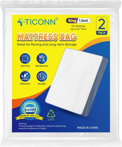 Vista 11 de TICONN Paquete de 2 bolsas de colchón de plástico para almacenamiento en mudanzas, funda protectora de colchón impermeable, suministros de mudanza