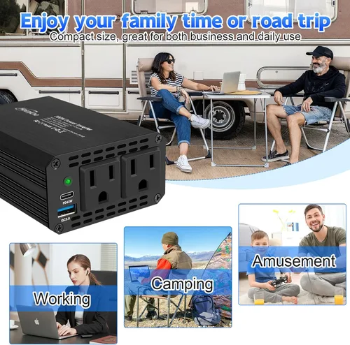 Vista 7 de Inversor de corriente para automóvil de 300 W con PD 65W, DC 12V a 110V AC Adaptador de enchufe para automóvil con puertos de carga USB QC 3.0 de 18