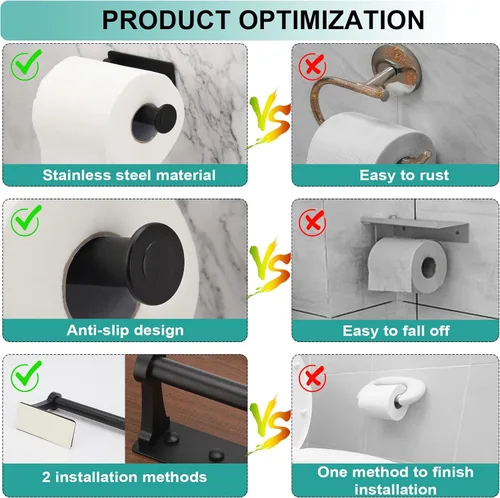 Vista 2 de Toilet Paper Holder Self Adhesive Toilet Paper Roll Holder Stainless Steel No Drilling Wall Mount Roll Holders for Bathroom Kitchen, Black