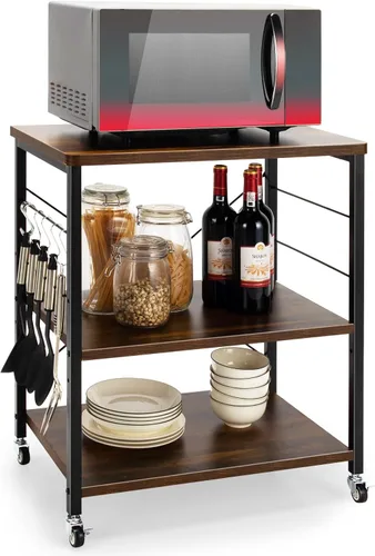 Vista 13 de Giantex Kitchen Bakers Rack - Carrito de 3 niveles para microondas con ruedas, carrito de barra industrial con 10 ganchos, marco de metal, estantes