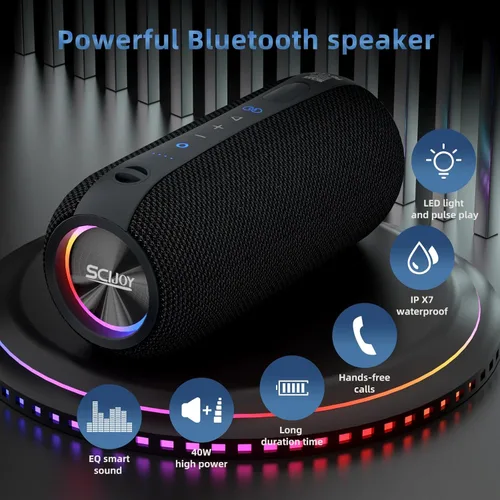 Vista 2 de Altavoces Bluetooth, altavoz portátil inalámbrico de 40 W IPX7 impermeable con estéreo fuerte, graves profundos, luces LED, altavoz Bluetooth 5.2