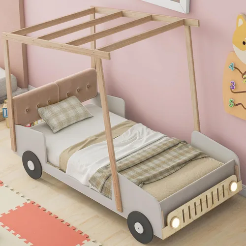 Vista 21 de Cama de plataforma en forma de auto de carreras con ruedas, cama de plataforma de madera tamaño individual con barandilla, cama de plataforma