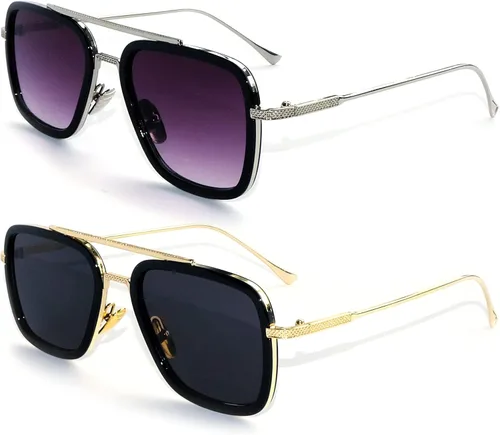 Tony Stark - Lentes de sol para hombre, lentes de sol Iron Man, protección UV, cuadrados de metal, lentes de sol Downey Pilot vintage