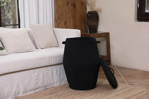 Vista 6 de Cesta alta de cuerda de algodón hecha a mano de 26"x20" con tapa, elegante forma de frasco con cubierta, cesto para ropa con tapa, para dormitorio