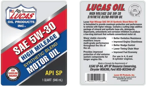 Vista 2 de Lucas Oil Aceite de motor de mezcla sintética SAE 5w-30 de alto kilometraje, API SP, 1 cuarto de galón (paquete de 1)