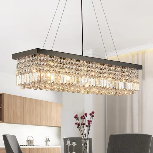 Vista 19 de 7PM Candelabro de cristal dorado moderno rectangular candelabros para comedor, lámpara colgante rectangular para isla de cocina y dormitorio, 31.5