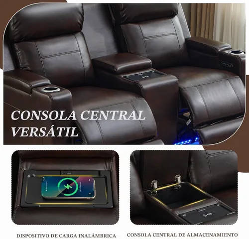 Vista 9 de Sofá biplaza reclinable eléctrico con consola, sofá biplaza reclinable de doble motor con reposacabezas eléctrico/carga inalámbrica/luz Marrón