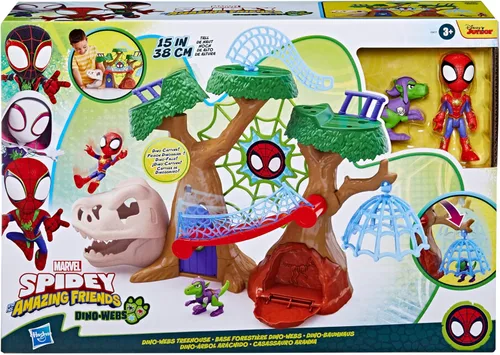 Vista 2 de Marvel Spidey and his Amazing Friends Dino-Webs Treehouse Playset, Spider-Man & Goblin Raptor - Juego de figuras de acción a escala de 4 pulgadas, a