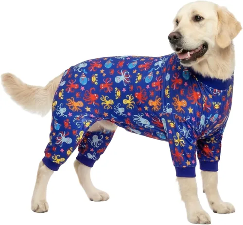 Vista 13 de LovinPet Mameluco mediano para perro – Pijama para perro grande, tela elástica ligera, estampado de dinosaurio blanco, overol para perro, camisa