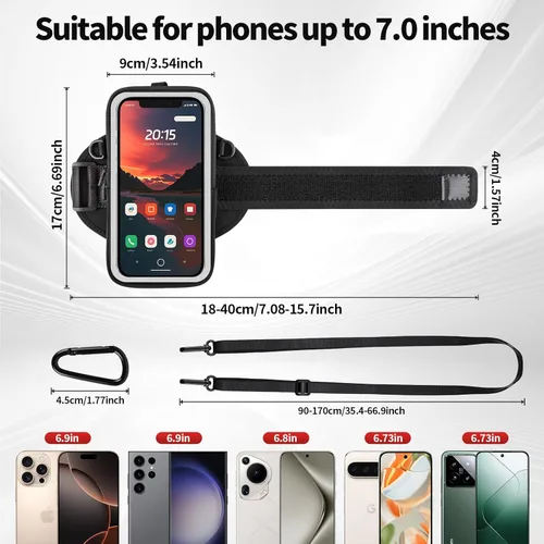 Vista 6 de Soporte para teléfono para correr, caminar y entrenar, brazalete para teléfono celular con mosquetón, bolsa cruzada transparente para teléfono