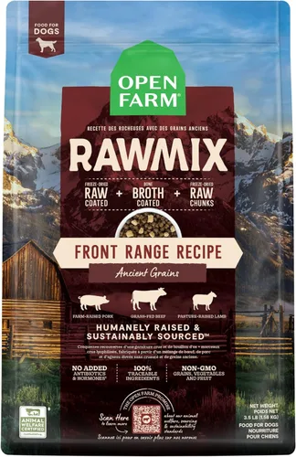 Vista 16 de Open Farm, alimento seco RawMix para perros con granos ancestrales, croquetas llenas de proteínas cubiertas en caldo de huesos con trozos crudos