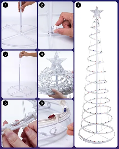 Vista 7 de Set de 3 Árboles de Navidad con Luces LED para Exteriores en Espiral, Luces de Navidad de 3/4/6 Pies con Decoración de Estrella de 7 Pulgadas, Kit