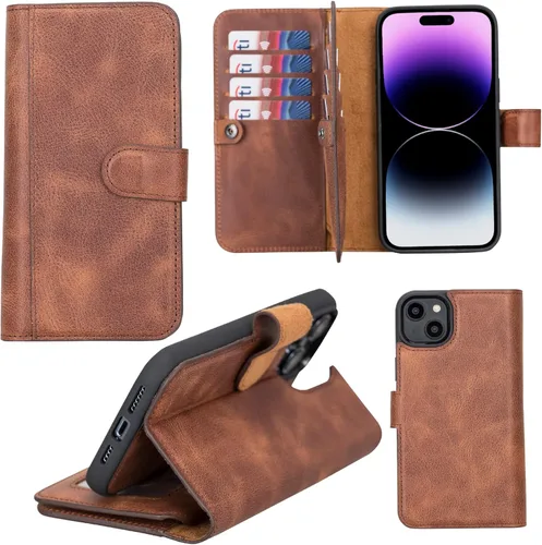 Vista 18 de HARDISTON Funda de piel auténtica de alta calidad hecha a mano para iPhone XR, tarjetero doble, funda magnética desmontable, función atril Marrón