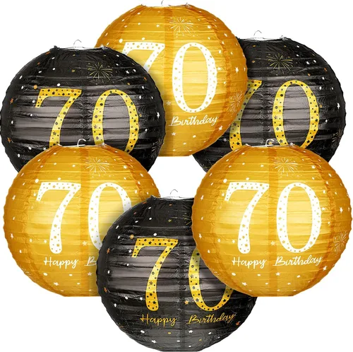 Blulu 6 piezas de decoración de fiesta de cumpleaños, faroles de papel colgantes, color negro y dorado, letrero de aniversario con purpurina para