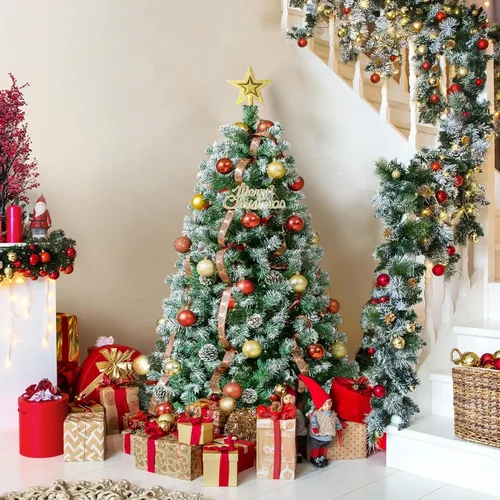 Vista 6 de Yaheetech Árbol de Navidad artificial de 4.5 pies, árbol de Navidad flocado con 35 piñas, 412 puntas esmeriladas, árbol predecorado para decoración