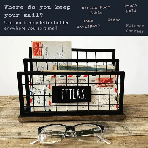 Vista 5 de Rae Dunn Soporte para cartas de escritorio, organizador de mesa con 2 compartimentos, acero galvanizado y madera maciza, elegante y elegante