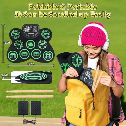 Vista 6 de Ragstone Juego de Batería Electrónica, Juego de Batería para Niños Enrollable con Altavoz Estéreo Dual, MIDI, Pedales de Pie, Bacines, Ideal