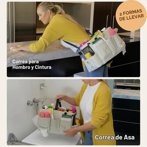 Vista 6 de FifthStart Organizador de limpieza multiusos, correas ajustables y organizador con asa, base de malla y bolsa organizadora de 9 bolsillos, 5 Beige