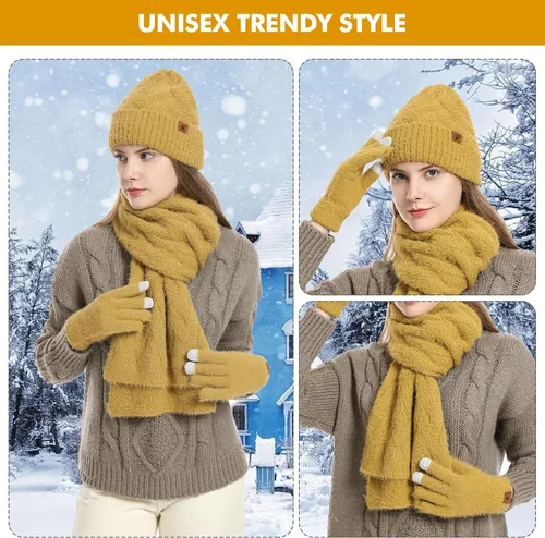 Vista 6 de Gorro de punto de invierno para mujer con guantes para pantalla táctil, gorro de pompón, bufandas para el cuello para hombres