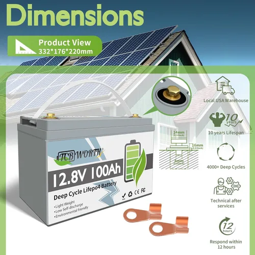 Vista 2 de Batería de litio 12V 100Ah LiFePO4 BCI Grupo 31, con BMS de 100A, batería recargable de fosfato de hierro de litio de ciclo profundo, para solar