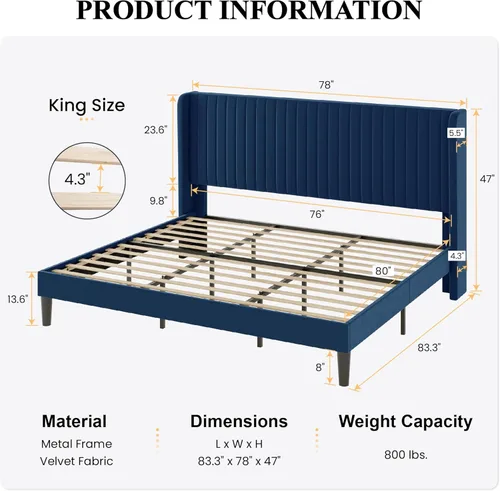 Vista 92 de SHA CERLIN Base de cama de terciopelo tamaño King con cabecera capitoné de canal vertical, plataforma tapizada con listones de madera, no necesita