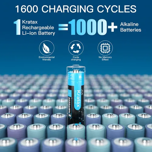 Vista 5 de Kratax Baterías recargables AA de 3500 mWh, batería de litio doble AA de alta capacidad, salida de voltaje constante de 1.5 V, 1600 ciclos