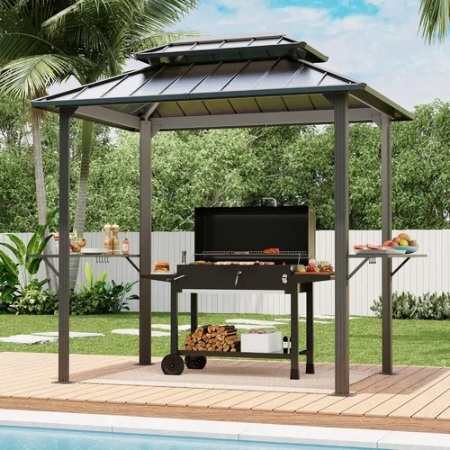 Vista 10 de LAUSAINT HOME Gazebo para parrilla al aire libre de 5 x 8 pies, kiosco para barbacoa con parte superior ventilada de 2 niveles, 2 estantes duraderos