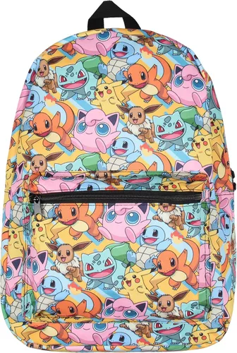Vista 2 de Bioworld Mochila Pokemon Pikachu Squirtle Jigglypuff Eevee Bulbasaur Charmander Mochila de viaje escolar para laptop de 17 pulgadas