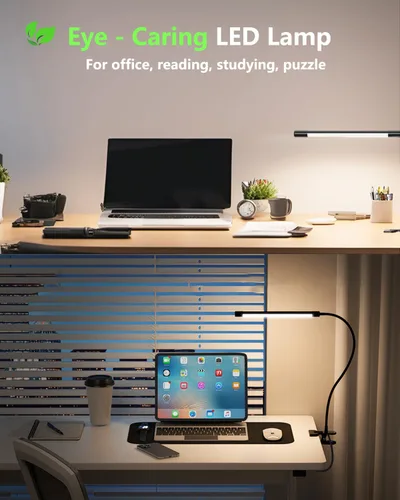 Vista 4 de JHD Lámpara de Escritorio LED con Abrazadera - Ajustable 3 Modos de Color 10 Niveles de Brillo Lámpara de Mesa, USB Cuidado de Ojos Cuello de Ganso