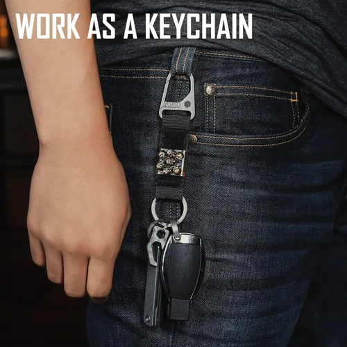 Vista 4 de KeyUnity Titanium Carabiner Keychain Nylon Webbing Molle Clip with Hook & Loop Panel for PVC Morale Patches