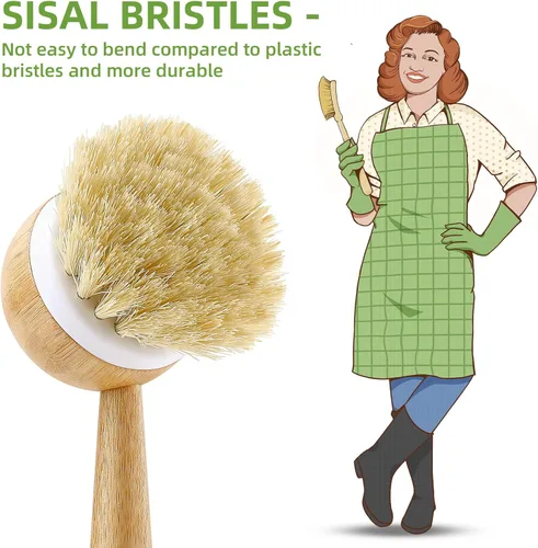 Vista 5 de SUBEKYU Cepillo para platos con asa, cepillo de bambú natural, cepillo para lavar platos de cocina para limpiar platos, sartenes, ollas, fregaderos