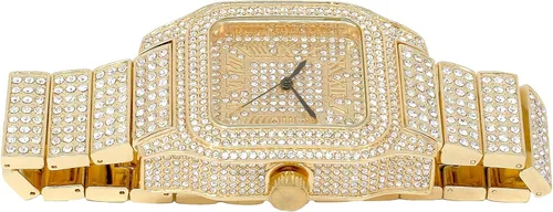 Vista 3 de Techno Pave Reloj de diamante cuadrado helado para hombre con caja totalmente helada, esfera romana helada, correa ajustable brillante, oro de 14
