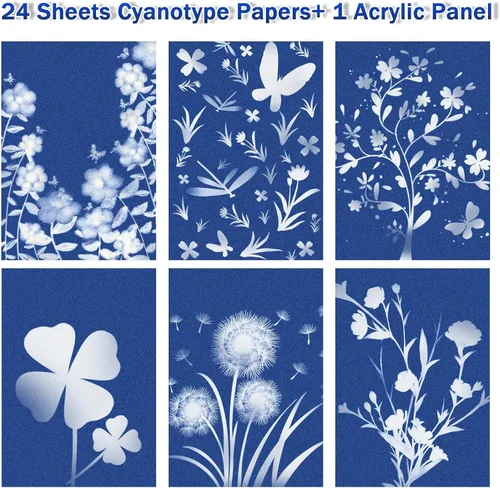 Vista 3 de Kit de papel de impresión solar, papel cianotipo, 24 hojas de papel de cianotipo con 1 hoja de panel acrílico, alta sensibilidad al sol