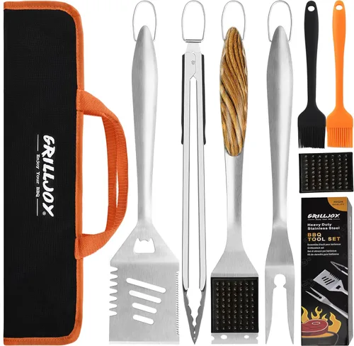 Vista 8 de Grilljoy juego de 8 piezas de herramientas para parrilla con espátula de acero inoxidable extragruesa, tenedor, pinzas y cepillo de limpieza - Kit