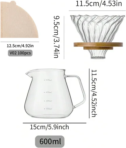 Vista 7 de Juego de Cafetera de Goteo – Jarra de Café con Asa de Bambú, Gotero de Café de Vidrio y 100 Filtros, Capacidad de 20oz/600ml