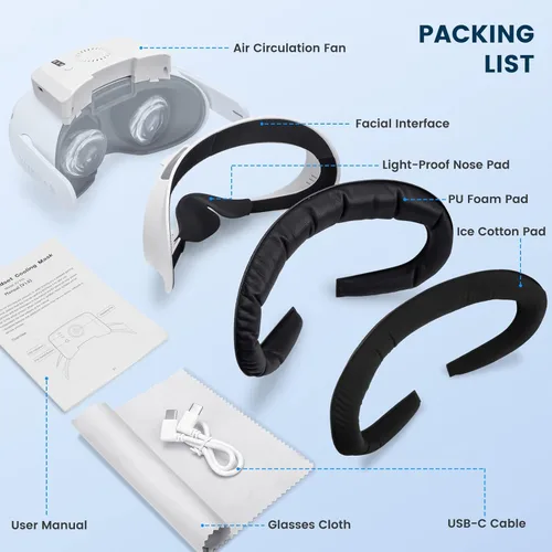 Vista 6 de VR Cooling Fan for Oculus Quest 2A2 Pro Facial Interface with Air Circulation Fan and 2 Soft Pad3 Speed Anti-Fogging Air Circulation Cooler