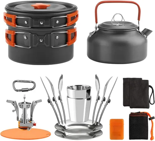 Juego de ollas y sartenes LIXADA al aire libre utensilios de cocina para acampar al aire libre, juego de cocina con estufa, cuchara, tenedor, Naranja