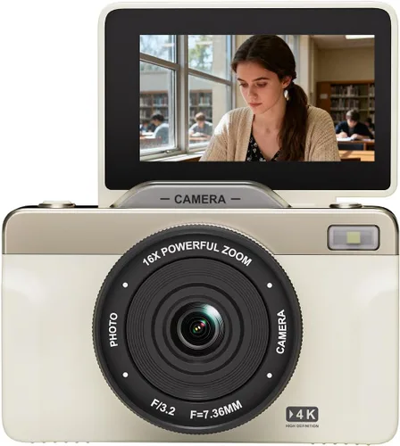 Vista 2 de Cámara digital 4K con zoom 16X anti-shake, pantalla LCD de 3" con giro de 180°, cámara compacta para videoblogs con tarjeta SD de 32G, color blanco
