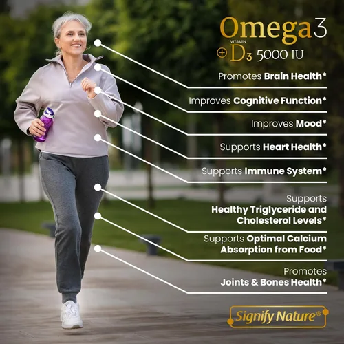 Vista 3 de SIGNIFY NATURE Suplemento de aceite de pescado Omega 3 con vitamina D3 5000 UI - Cápsulas de triglicéridos de 1000 mg para la salud cerebral