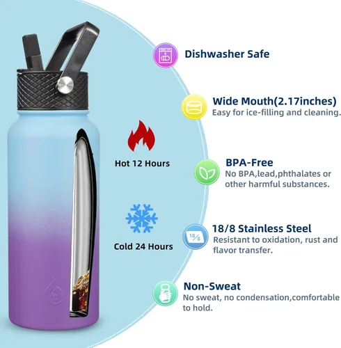 Vista 3 de BJPKPK - Botellas de agua aisladas con tapa con popote, botella grande de metal de 32 onzas con 3 tapas, termo reutilizable sin fugas y sin BPA