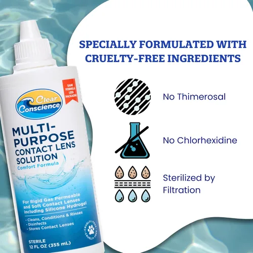 Vista 4 de Clear Conscience - Solución para lentes de contacto libre de crueldad de 12 onzas, limpiador multiusos y cuidado isotónico estéril de los contactos