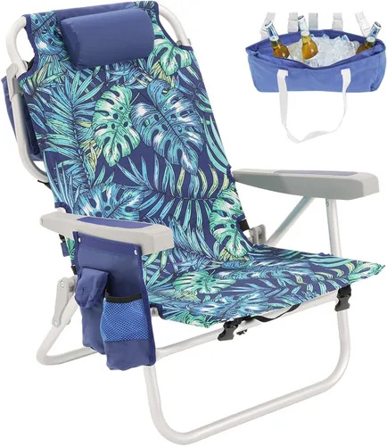 Vista 24 de SUNNYFEEL Silla de Playa Baja de 5 Posiciones Completamente Reclinable, Sillas de Playa Plegables Portátiles Tipo Mochila Resistentes con Bolsa