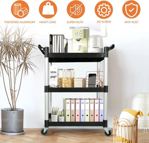 Vista 5 de Carros utilitarios con ruedas, carrito rodante de 3 niveles con ruedas, carrito de servicio de alimentos resistente de 510 libras con almohadilla