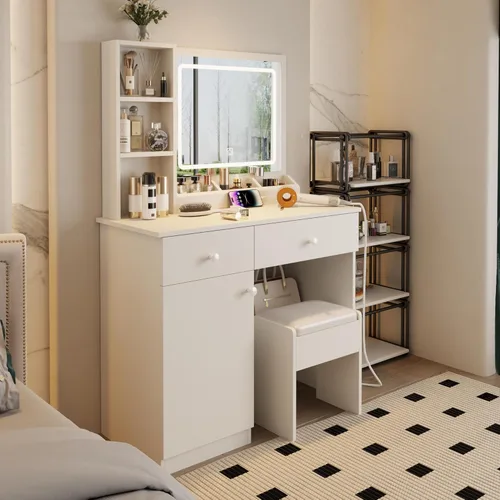 Vista 7 de Escritorio de tocador de maquillaje con espejo iluminado y toma de corriente, tocador con gran espacio de almacenamiento y taburete acolchado