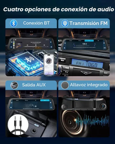 Vista 8 de Cámara de espejo retrovisor 4K con Carplay y Android Auto, cámara de salpicadero de 12" para espejo frontal y trasero con control de voz para coches
