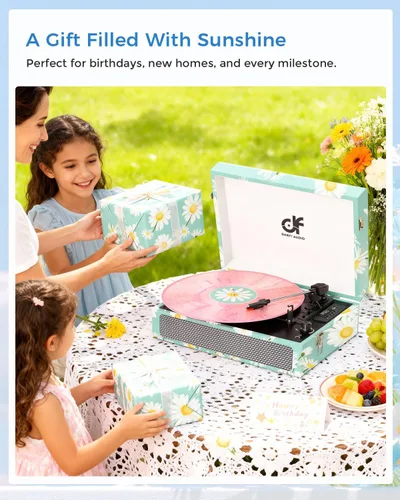 Vista 3 de Tocadiscos de vinilo Bluetooth con altavoces integrados, tocadiscos portátil vintage de 3 velocidades con auriculares de grabación USB/conector